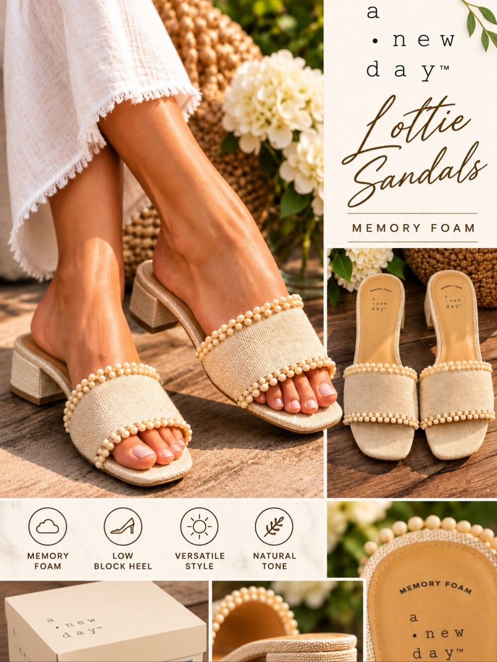 A New Day Lottie Beaded Memory Foam Sandals Natural Size 8.5